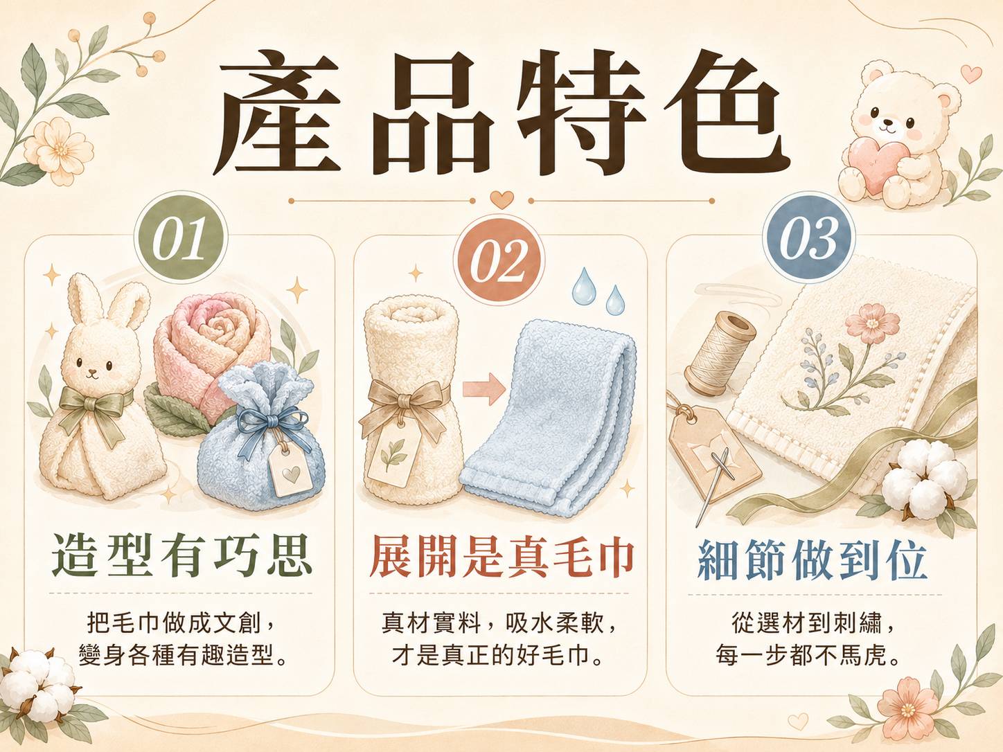 造型毛巾三項產品特色：造型有巧思、展開是真毛巾、細節做到位