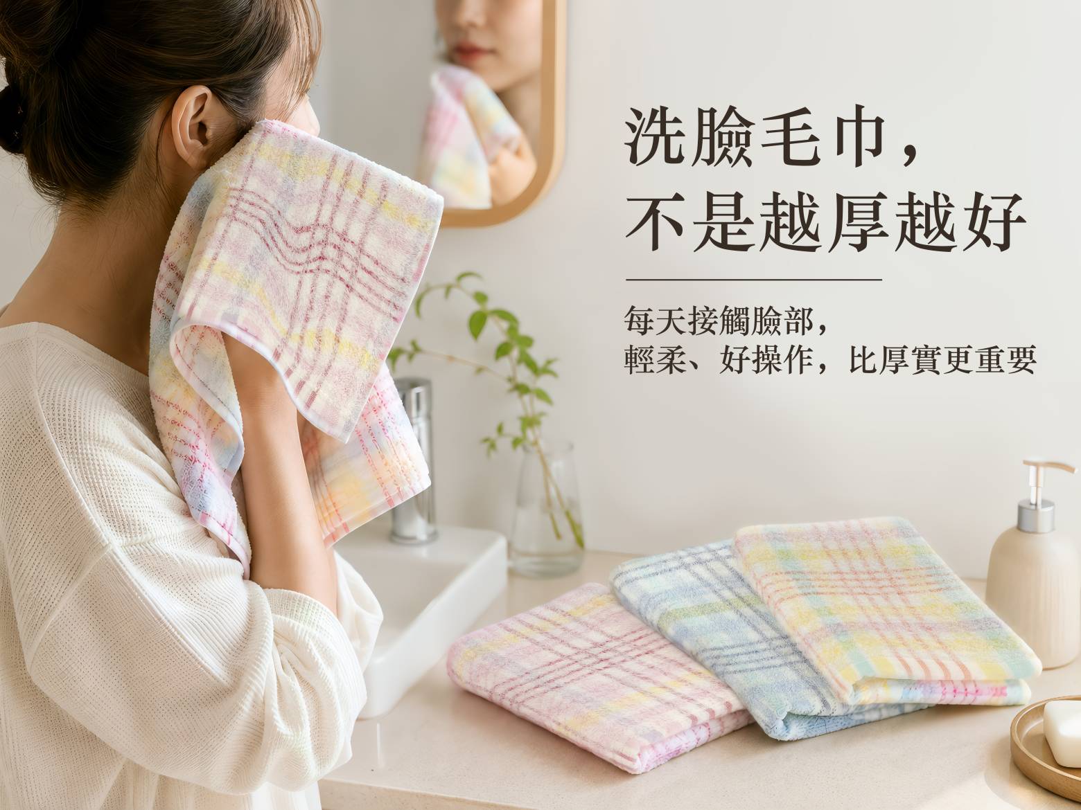 經典格紋32支精梳棉洗臉毛巾，輕盈柔細的日常洗臉情境
