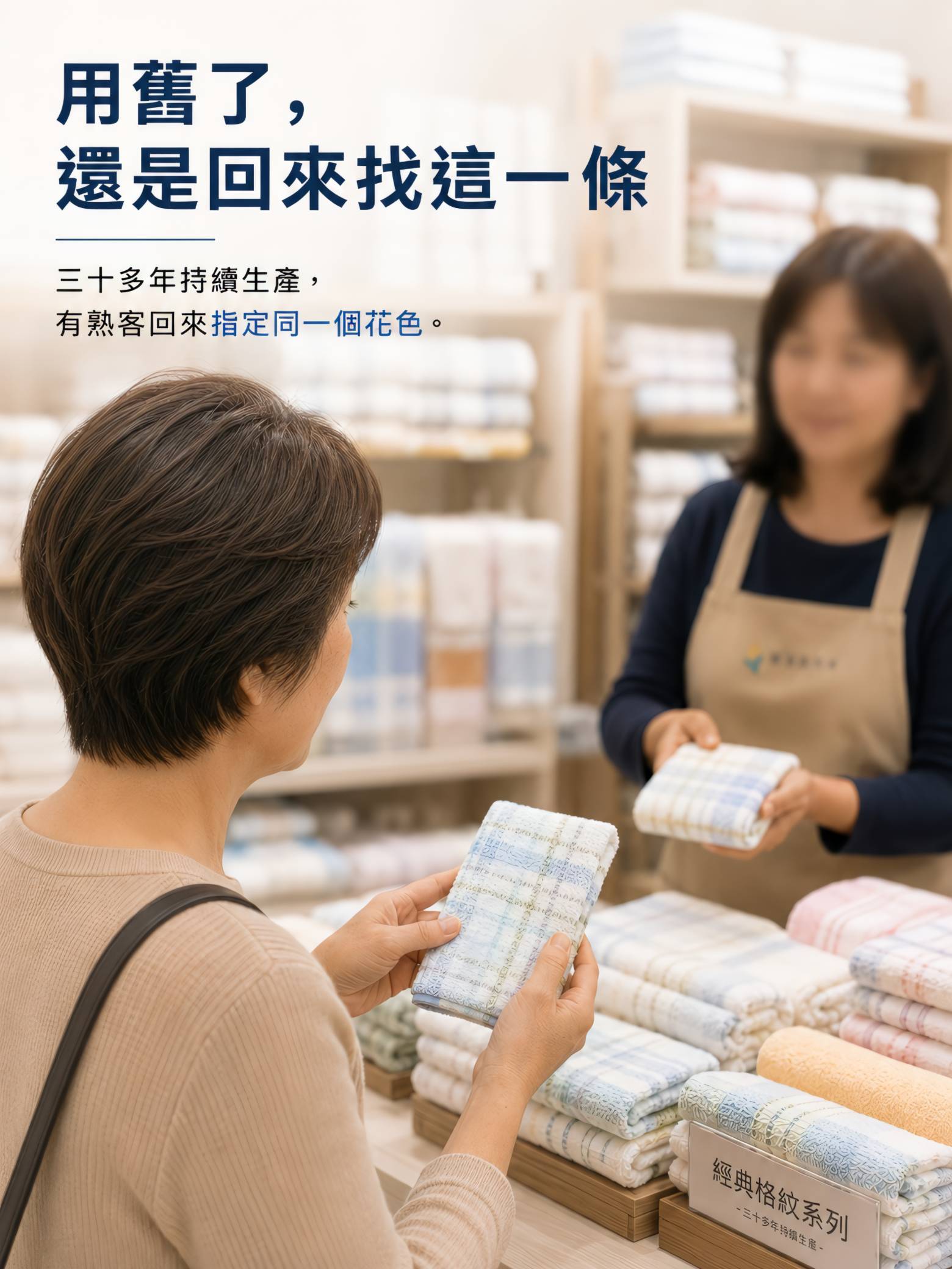 經典格紋毛巾持續生產三十多年，熟客回來指定相同花色