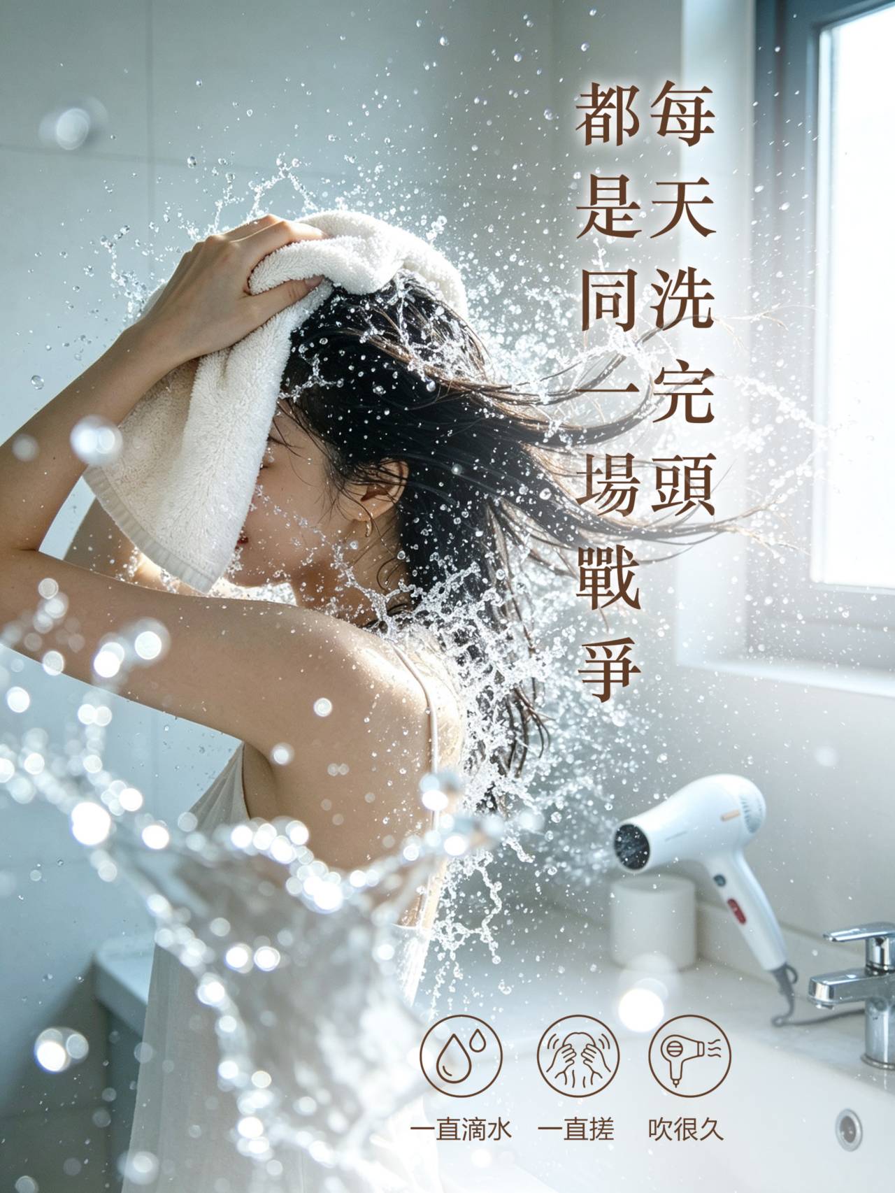 洗髮後頭髮一直滴水、反覆搓揉並需要長時間吹乾的困擾