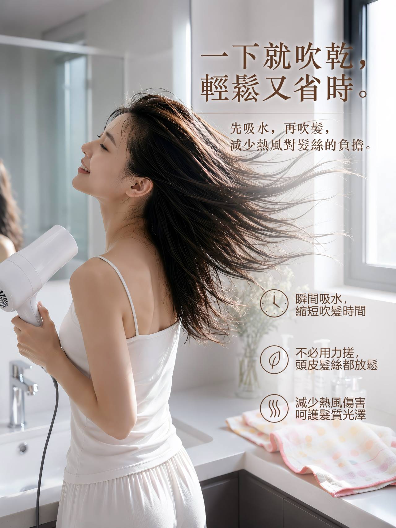 擦髮巾先吸收頭髮水分再吹乾，縮短吹髮時間並減少熱風對髮絲的負擔