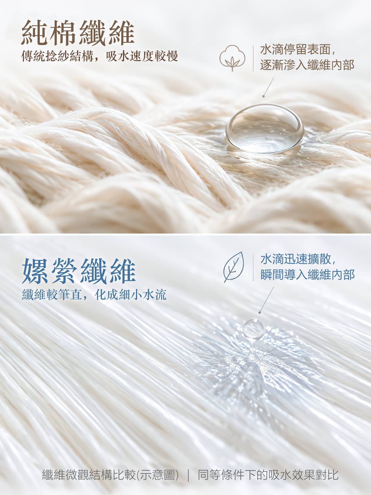 純棉纖維與嫘縈纖維的吸水速度及水分擴散方式比較示意