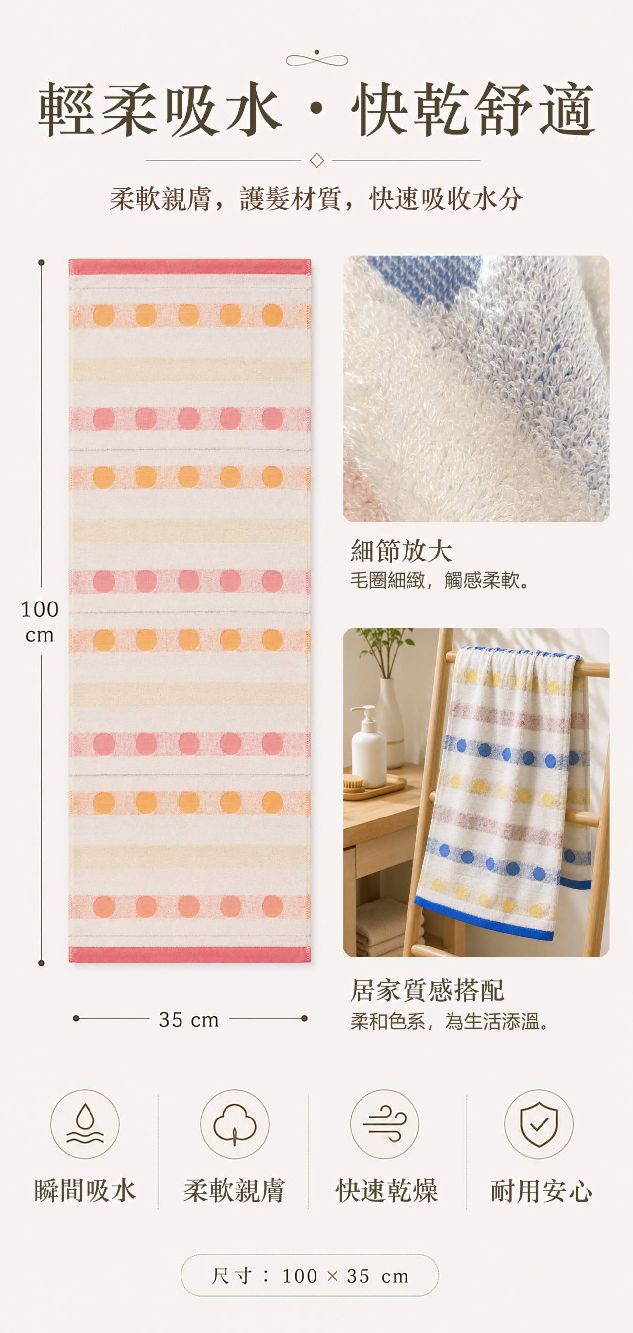 多彩圓點擦髮巾尺寸100×35公分，展示細緻毛圈與居家掛放效果