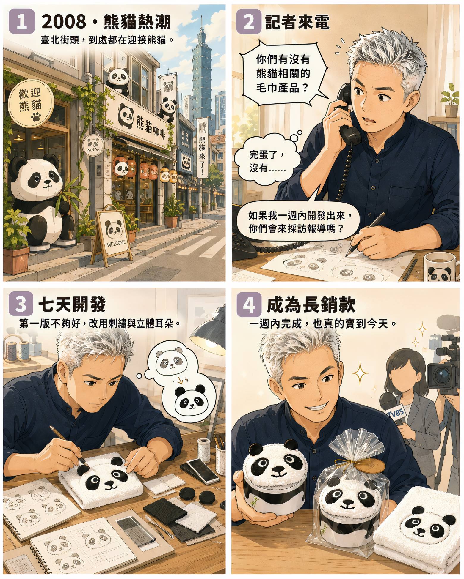 熊貓造型毛巾從記者來電到一週完成開發的四格漫畫