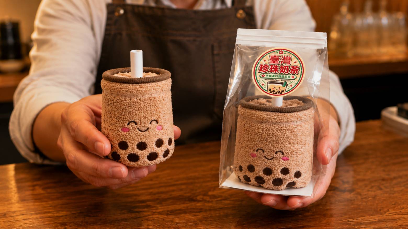 手持珍珠奶茶造型毛巾與完整包裝，呈現商品實際大小與細節