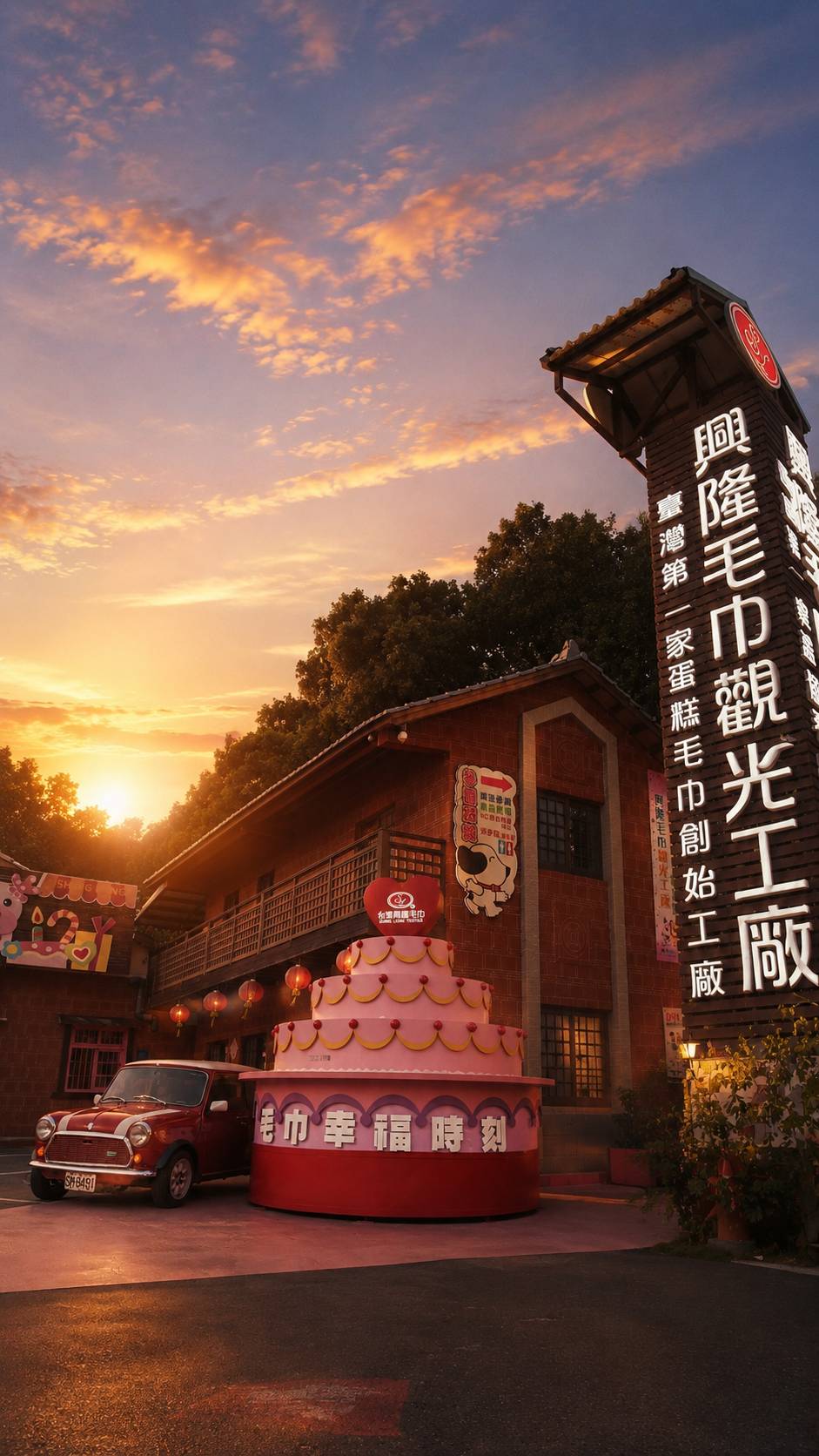 夕陽下的興隆毛巾觀光工廠入口與毛巾幸福時刻大型蛋糕地標