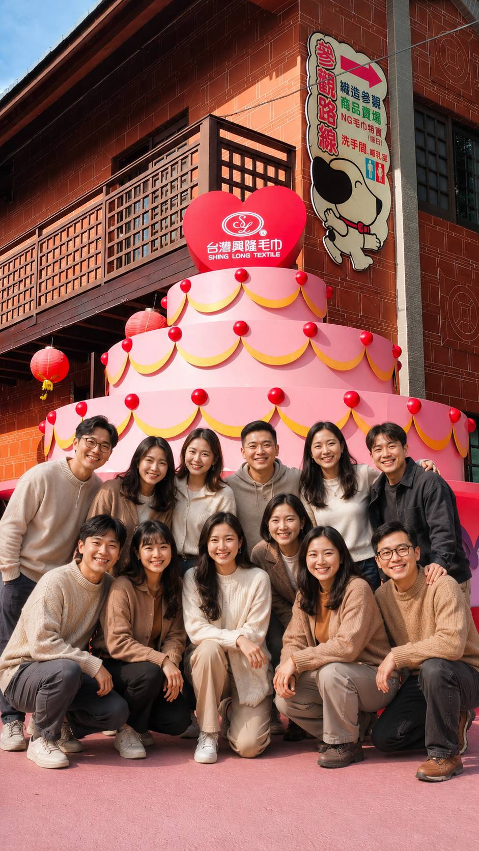 朋友與旅遊團體在興隆毛巾觀光工廠大型蛋糕前留下團體合照
