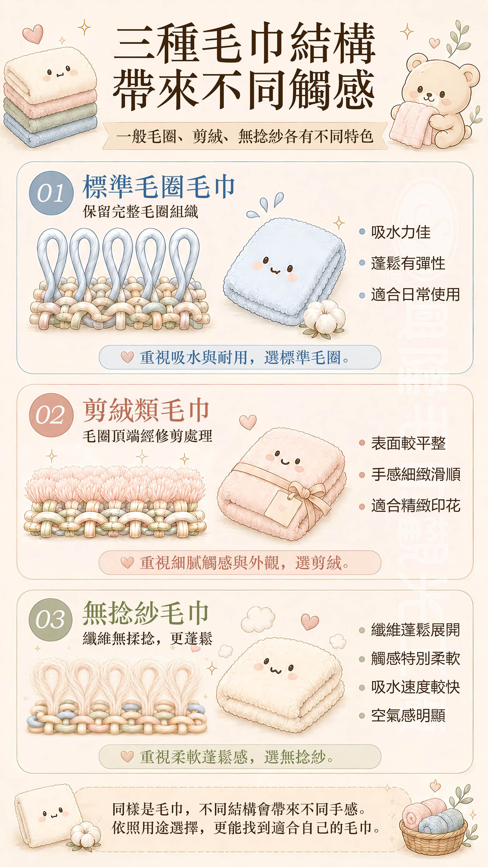 標準毛圈、剪絨與無撚紗三種毛巾結構及其觸感差異